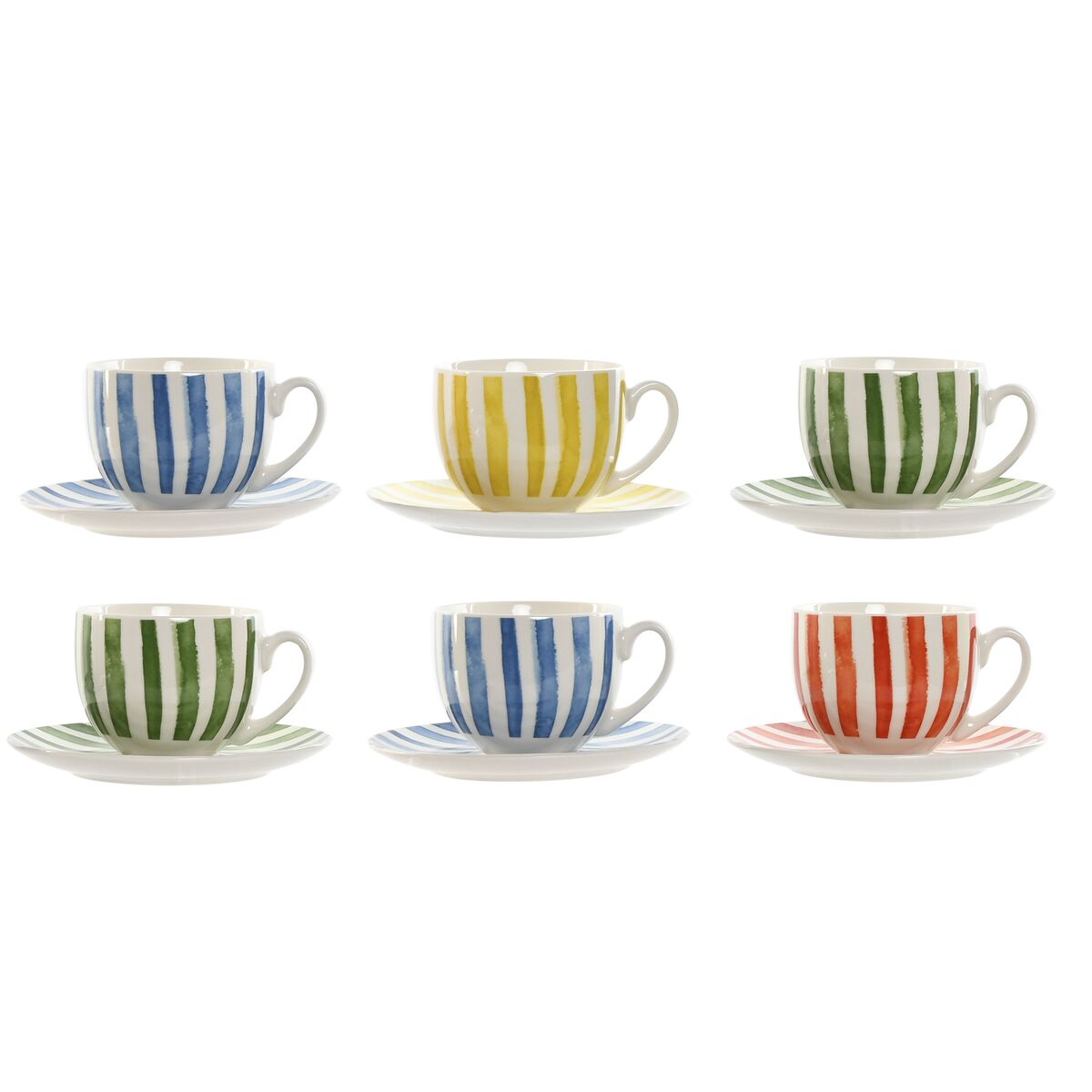 Juego de 6 Tazas con Plato Home ESPRIT Amarillo Azul Verde Coral Porcelana Rayas Mediterráneo 240 ml