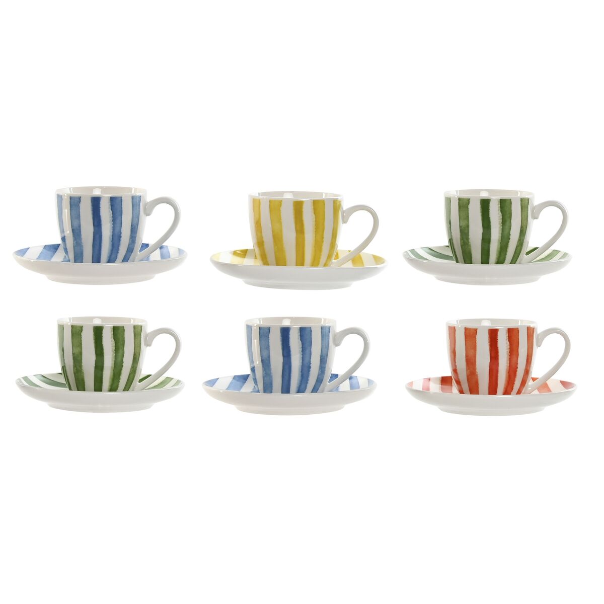 Juego de 6 Tazas con Plato Home ESPRIT Amarillo Azul Verde Coral Porcelana Rayas Mediterráneo 90 ml