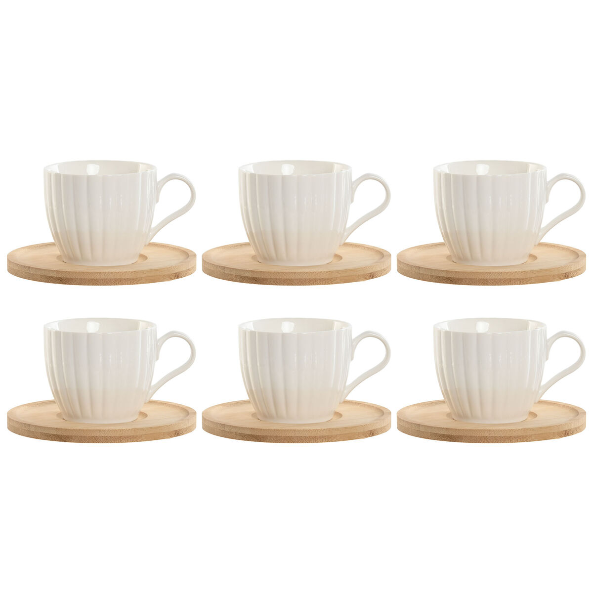 Juego de 6 Tazas con Plato Home ESPRIT Blanco Natural Bambú Porcelana 220 ml