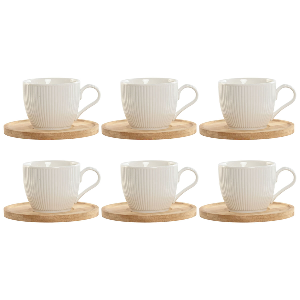Juego de 6 Tazas con Plato Home ESPRIT Blanco Natural Bambú Porcelana 220 ml