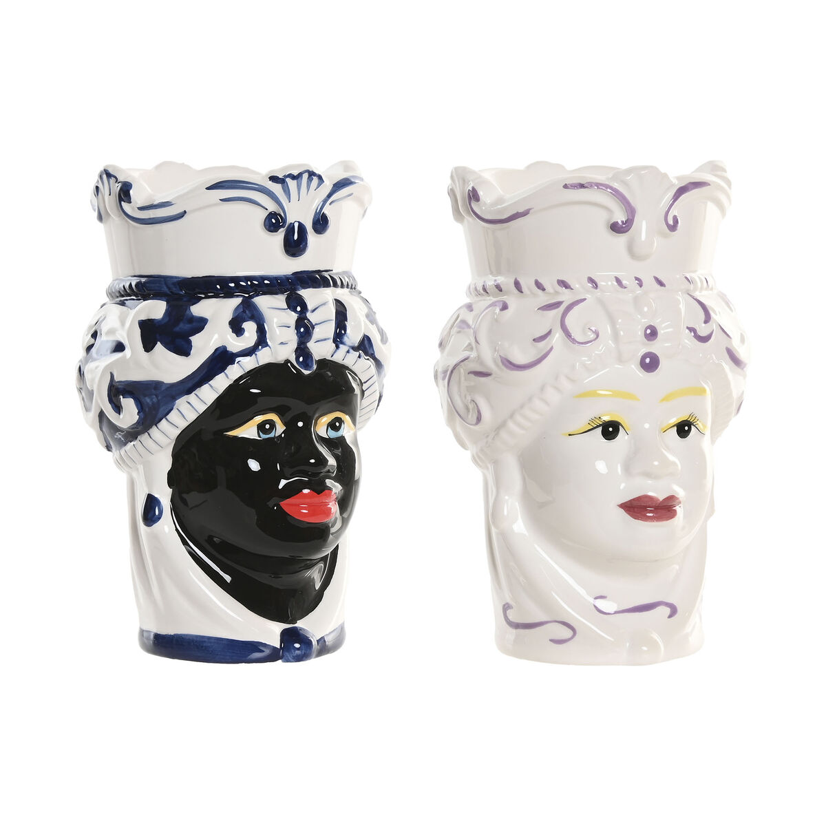 Macetero Home ESPRIT Azul Blanco Negro Porcelana 12 x 12 x 20 cm (2 Unidades)