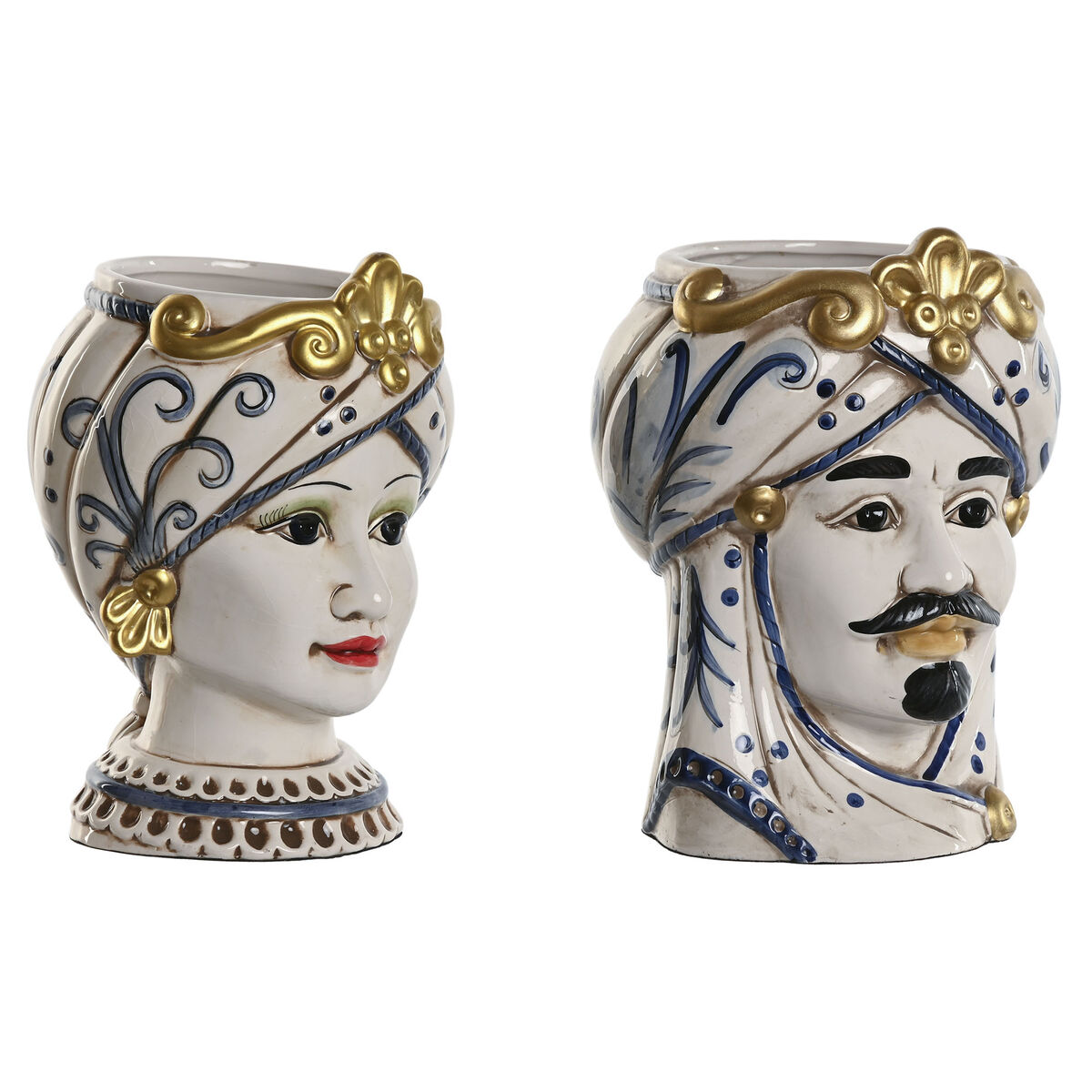 Macetero Home ESPRIT Azul Blanco Dorado Porcelana 15 x 15 x 26 cm (2 Unidades)