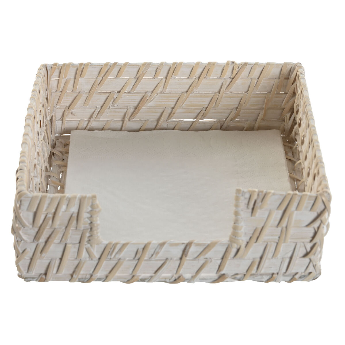 Servilletero Home ESPRIT Blanco Natural Bambú Ratán 18 x 18 x 6 cm