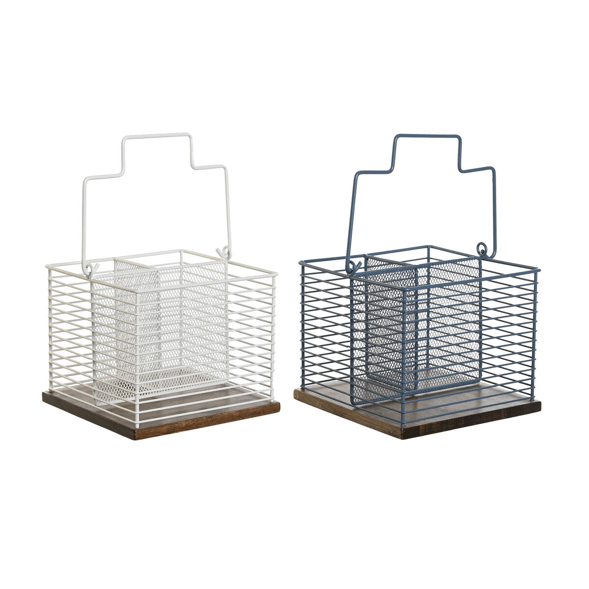 Cesto para cubiertos DKD Home Decor Azul Blanco Metal Madera de caucho 18 x 18 x 15 cm (2 Unidades)