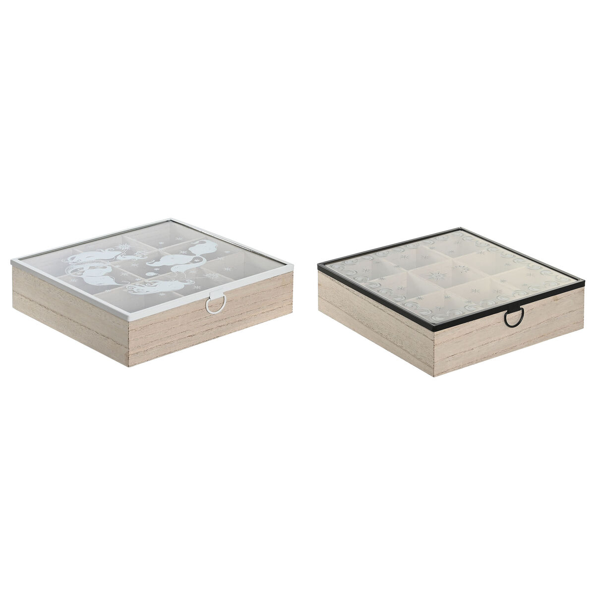 Caja para Infusiones DKD Home Decor Azul Blanco Negro Natural Metal Cristal Madera MDF 24 x 24 x 6,5 cm (2 Unidades)