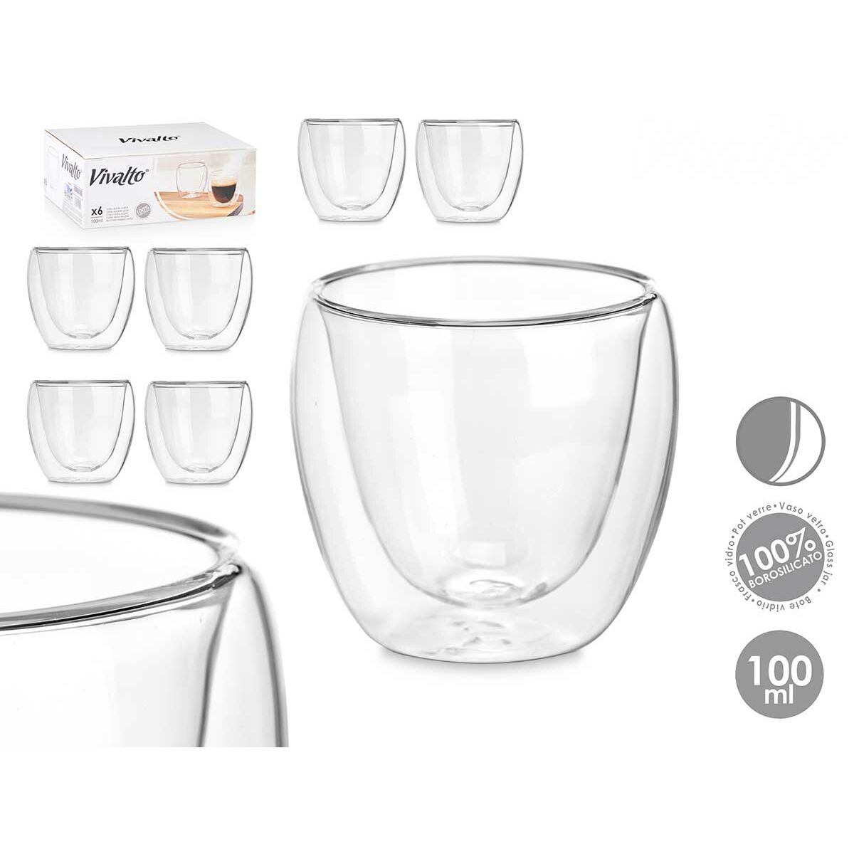 Vaso de agua Vivalto Transparente Vidrio de Borosilicato 100 ml (6 Unidades)