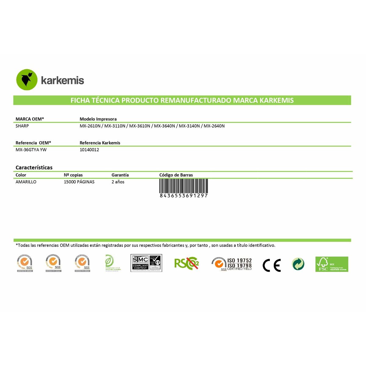 Tóner Original Karkemis MX-36GTYA Amarillo