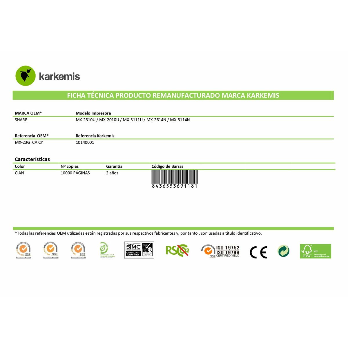 Tóner Original Karkemis MX-23GTCA Cian