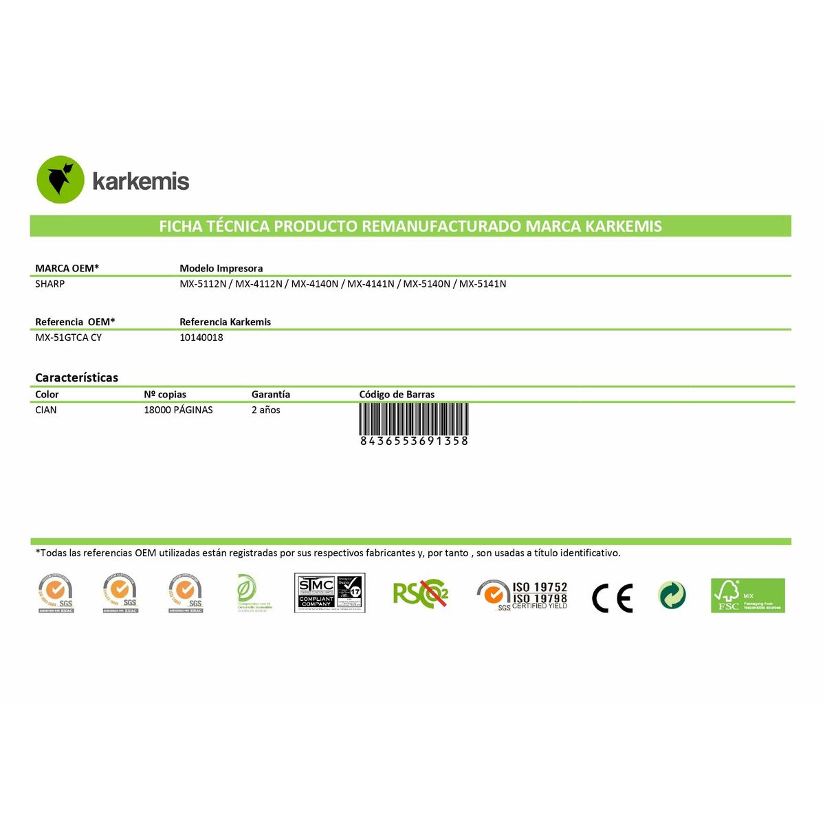 Tóner Original Karkemis MX-51GTCA Cian