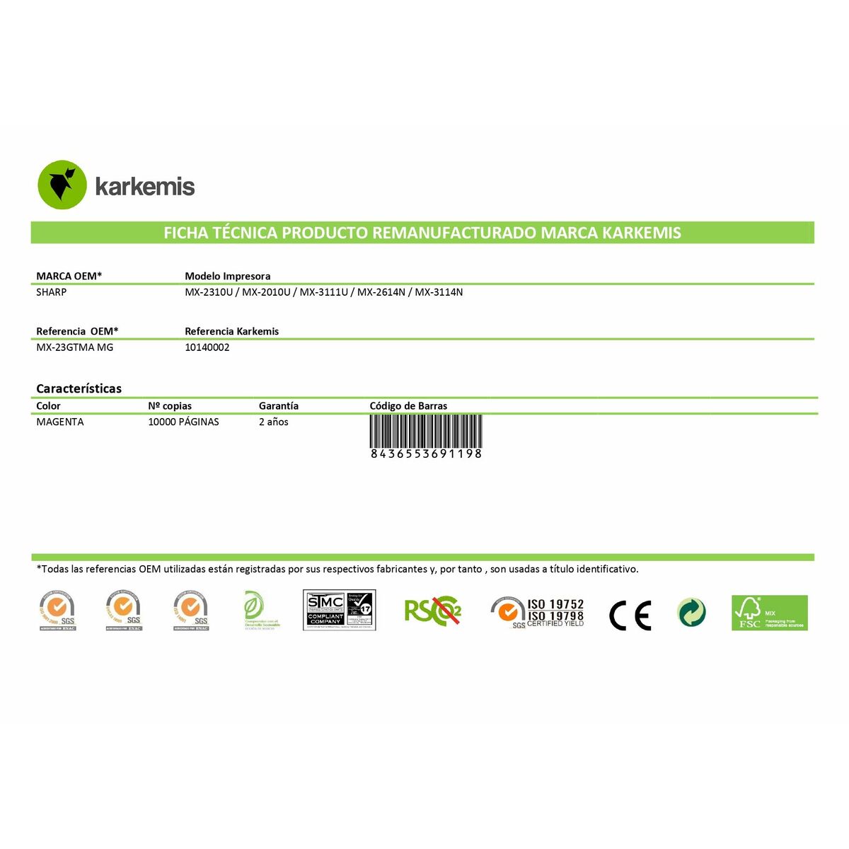 Tóner Original Karkemis MX-23GTMA Magenta