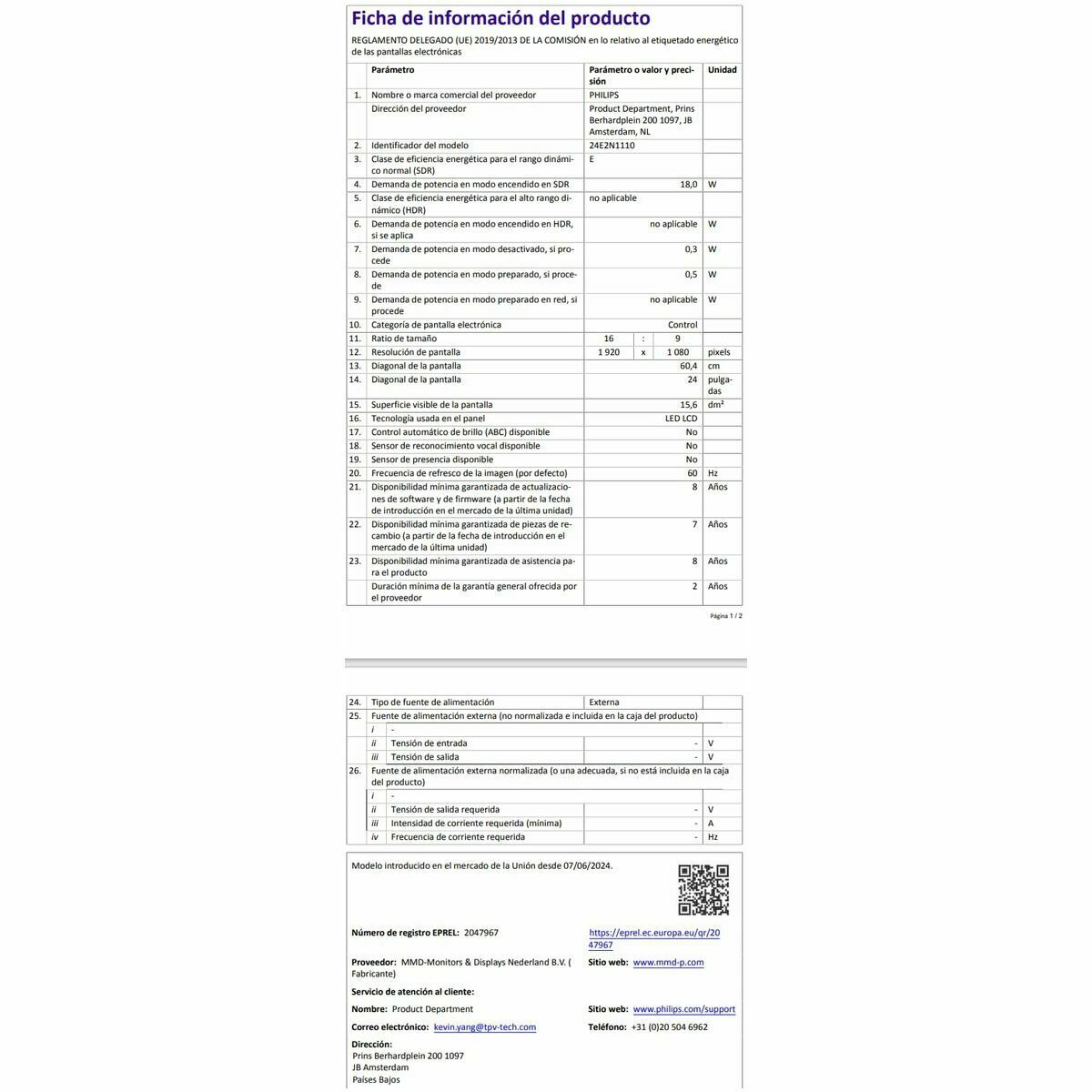 Monitor Philips 24E2N1110/00 23,8" Full HD