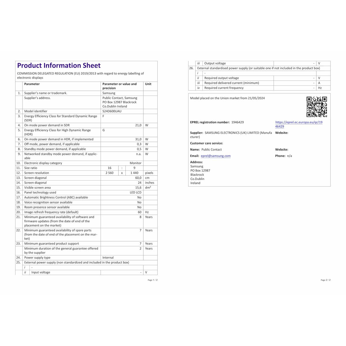Monitor Samsung LS24D600UAUXEN Quad HD 24"
