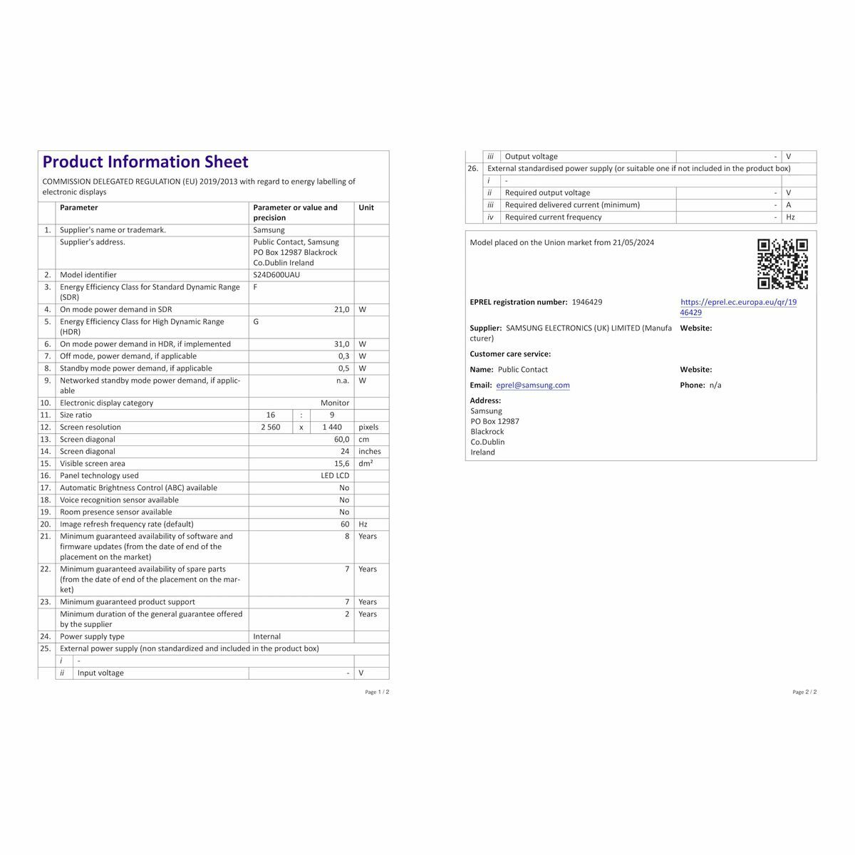 Monitor Samsung LS24D600UAUXEN Quad HD 24"