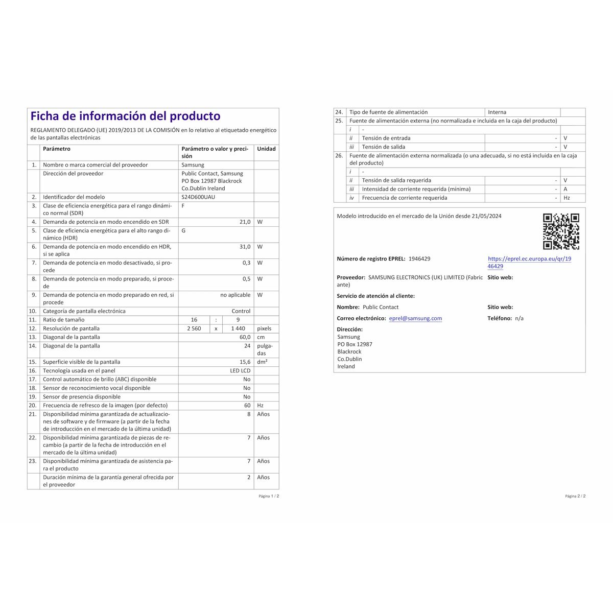 Monitor Samsung LS24D600UAUXEN Quad HD 24"