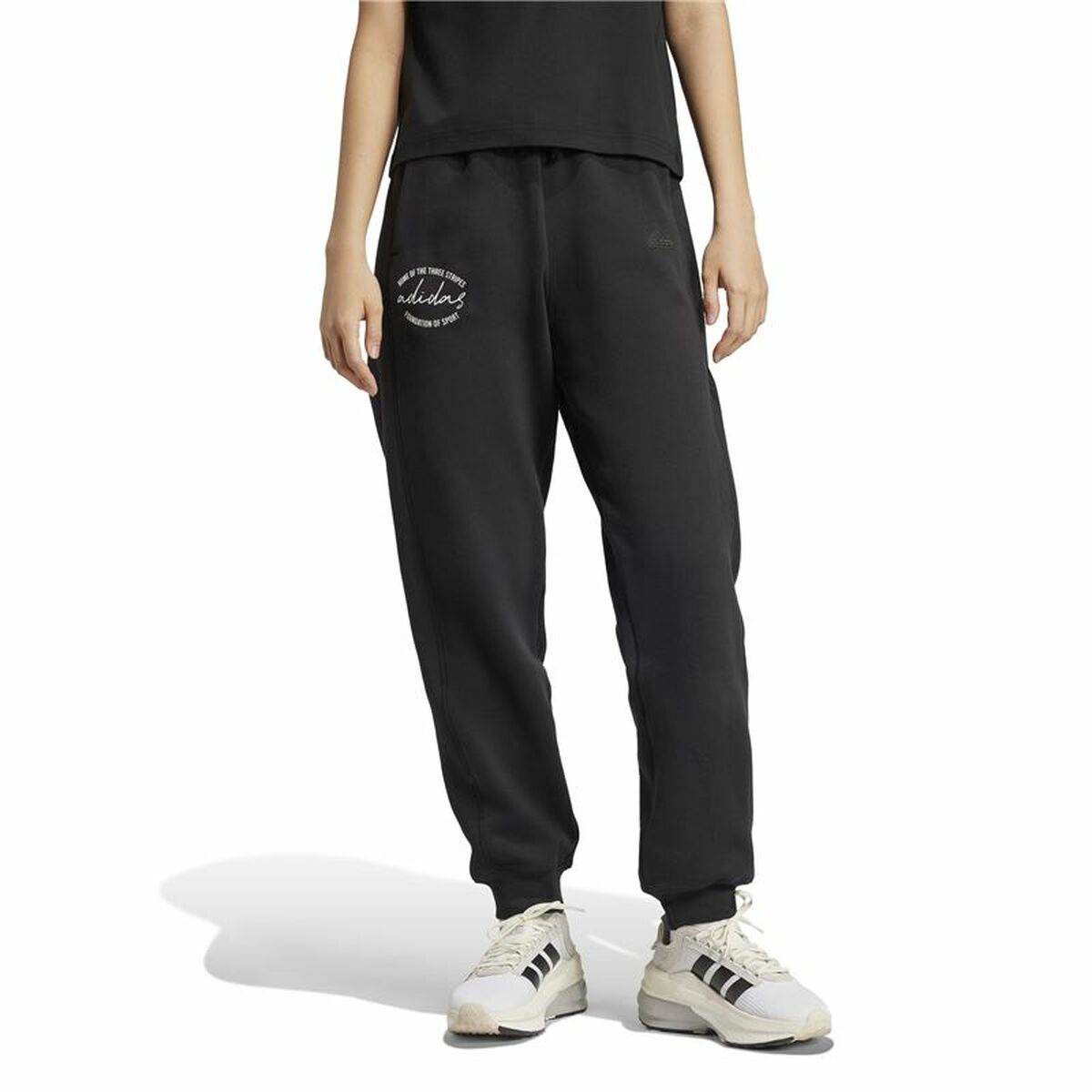 Pantalón Largo Deportivo Adidas Signature Graphic Print Fleece Loose Negro Mujer