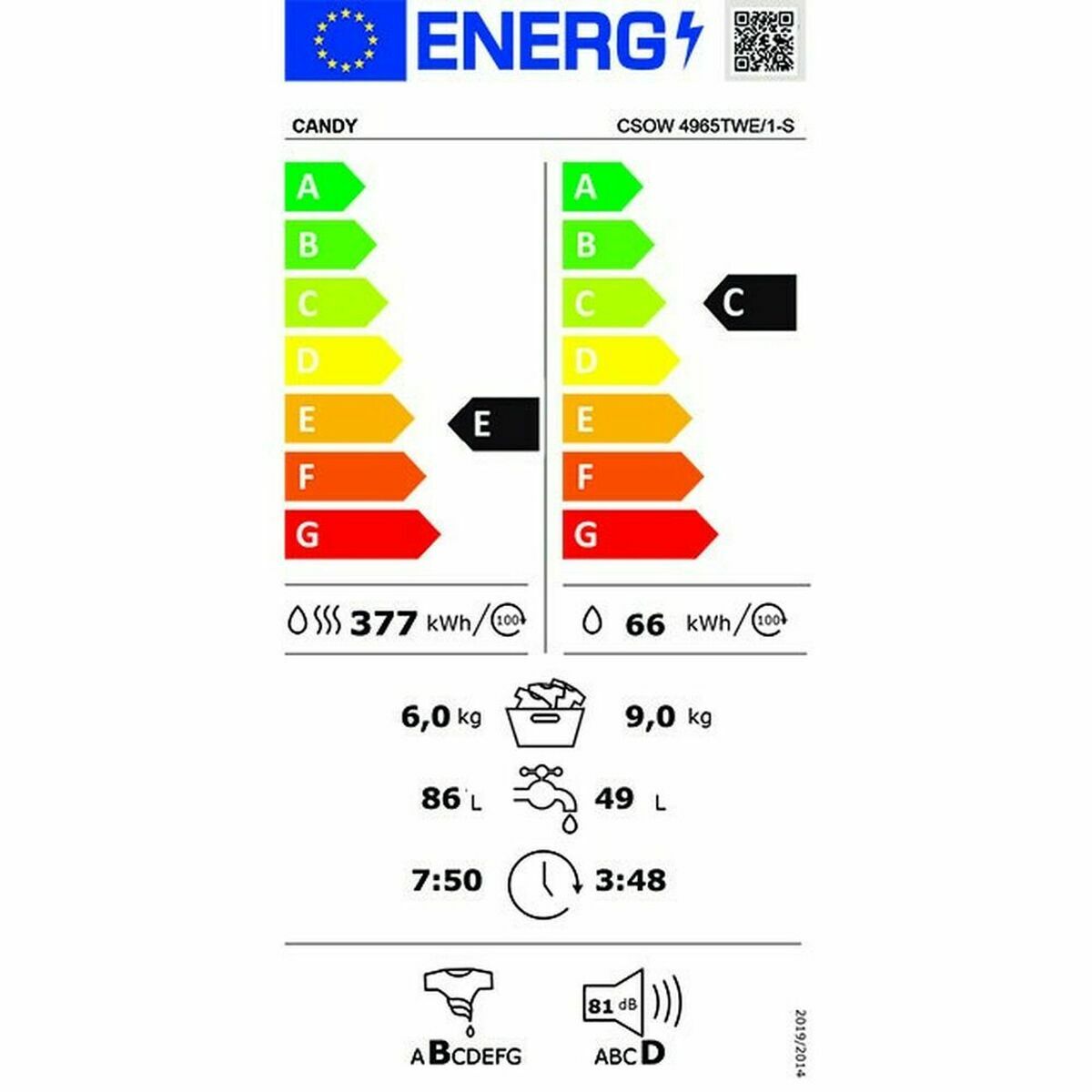 Lavadora - Secadora Candy CSOW4965TWE 9kg / 6kg Blanco 1400 rpm (Reacondicionado C)