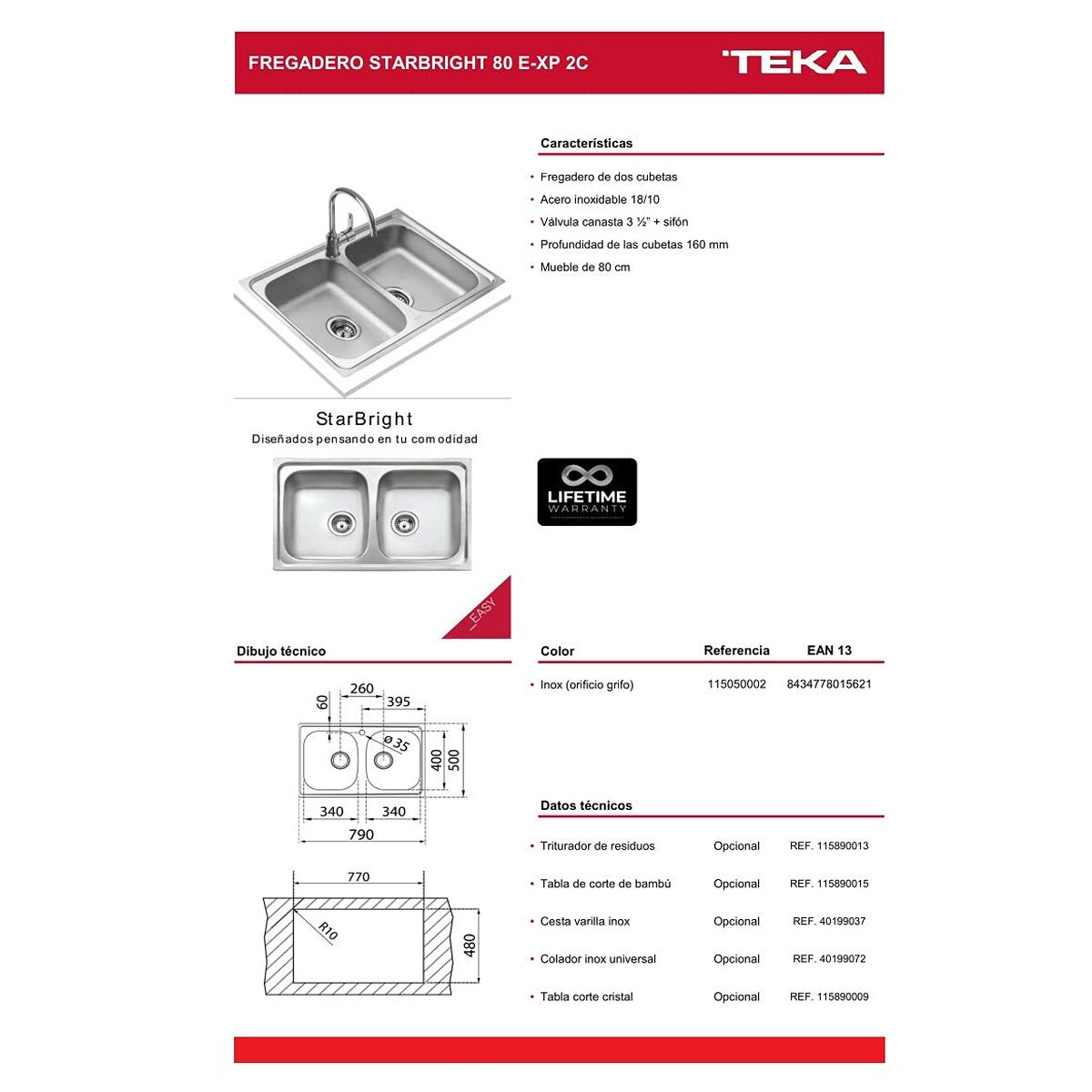 Fregadero de Dos Senos Teka STARBRIGHT 80 E-XP 2C