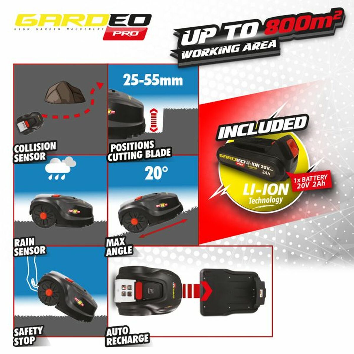 Robot cortacésped Gardeo GRO20V20WIFI 1000 M² 800 m²