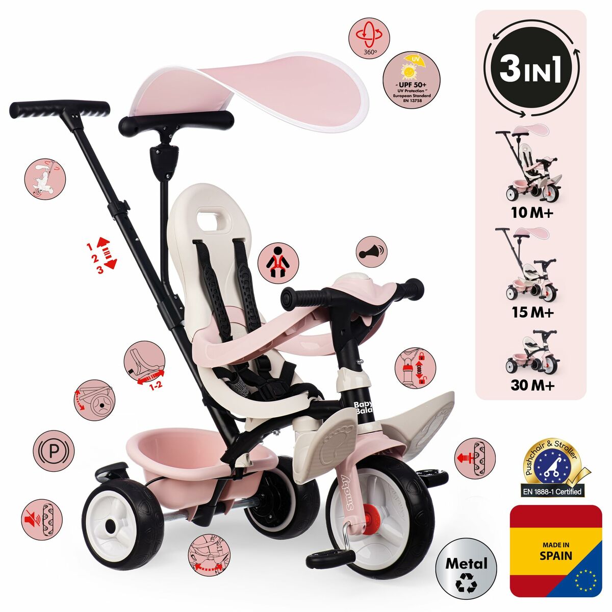 Triciclo Smoby Paseo para bebés Rosa