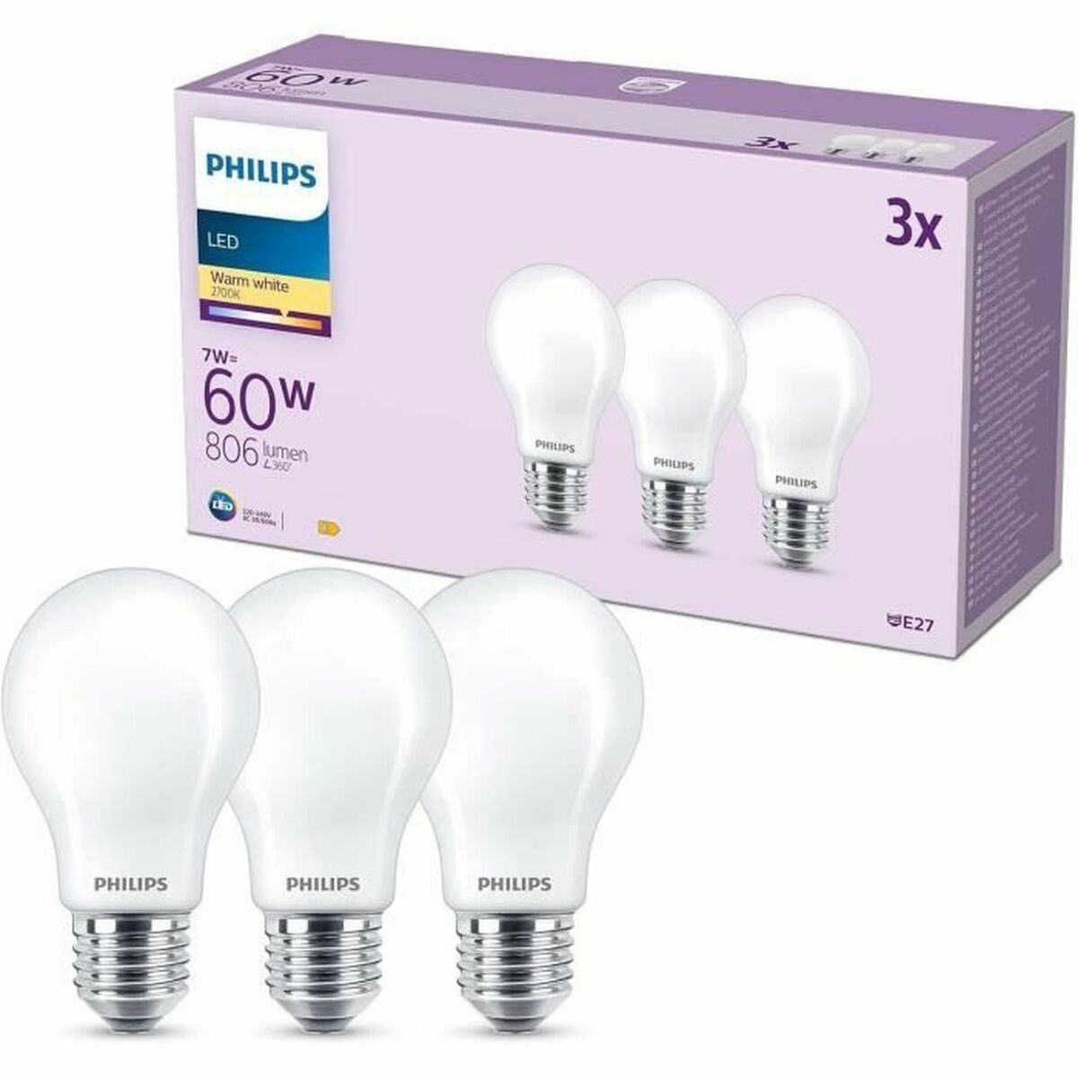 Bombilla LED Philips A60 E27 Blanco Cálido E 7 W 60 W E27 806 lm 3 Unidades (2700 K)
