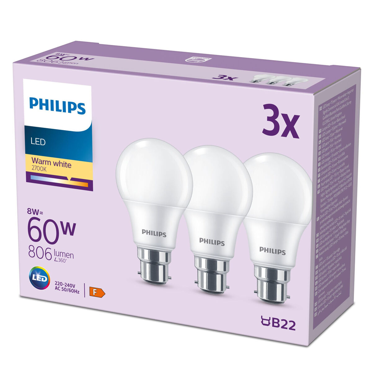 Bombilla LED Philips 60 W Mate Blanco Cálido F 8 W 60 W B22 3 Unidades (2700 K)