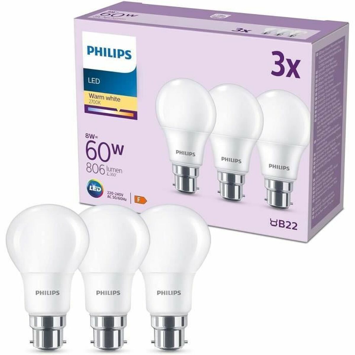 Bombilla LED Philips 60 W Mate Blanco Cálido F 8 W 60 W B22 3 Unidades (2700 K)