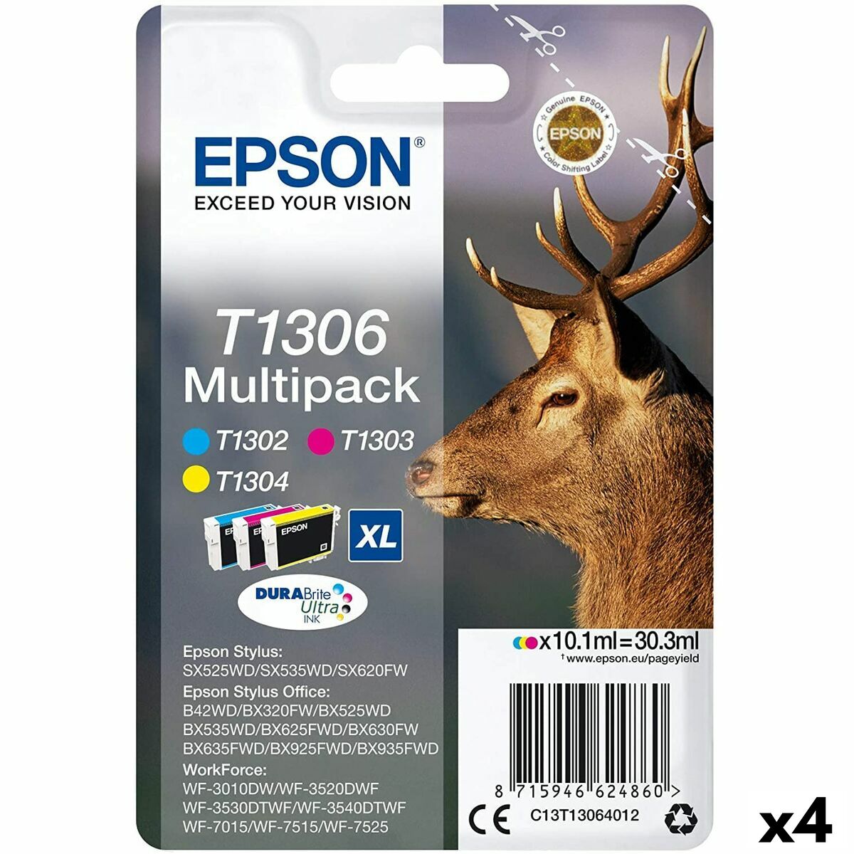 Cartucho de Tinta Original Epson SX525WD/620FW/ OFFICE B42WD/525WD/625FWD/925FWD Tricolor (4 Unidades)