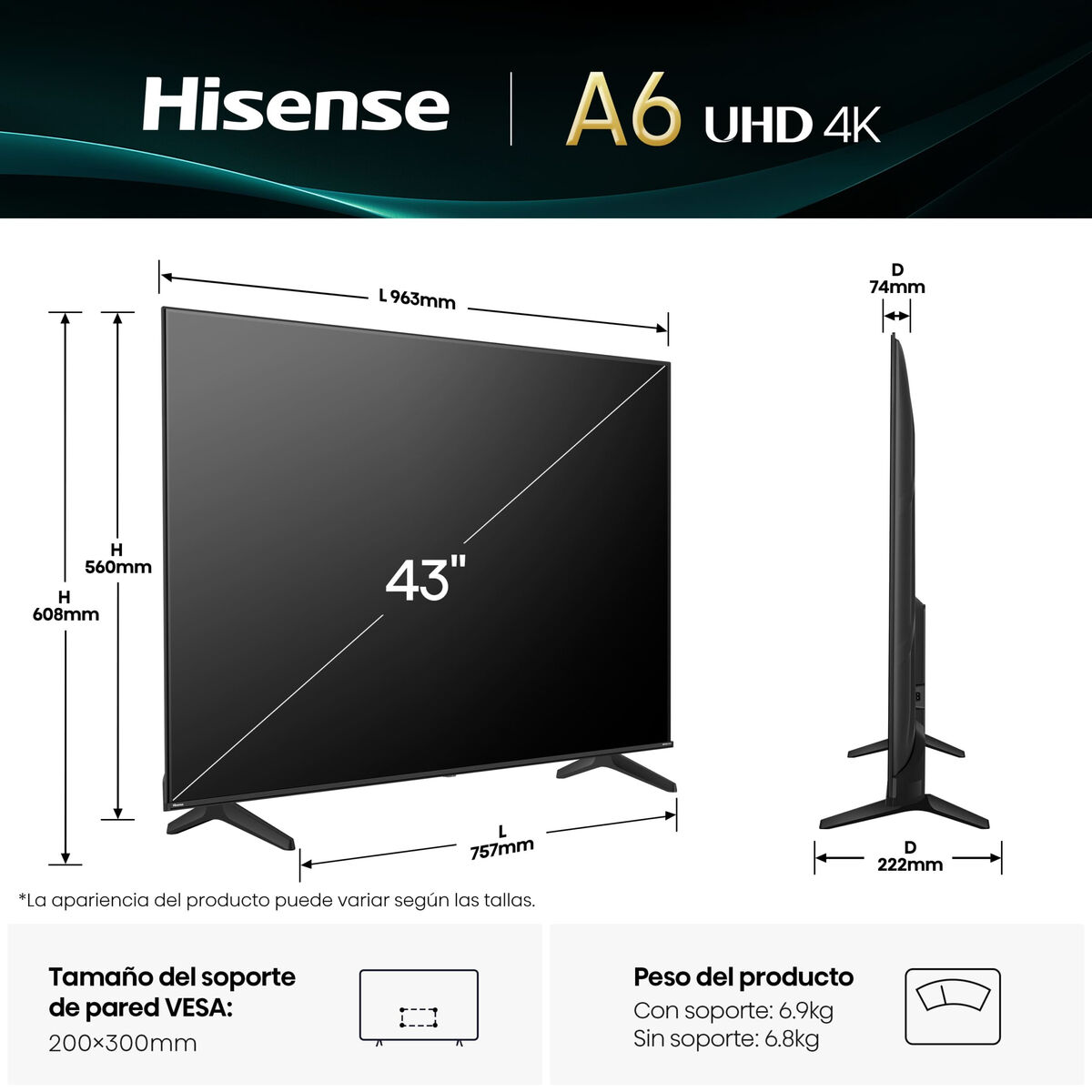 Smart TV Hisense 43A6Q 43" 4K Ultra HD LED HDR D-LED