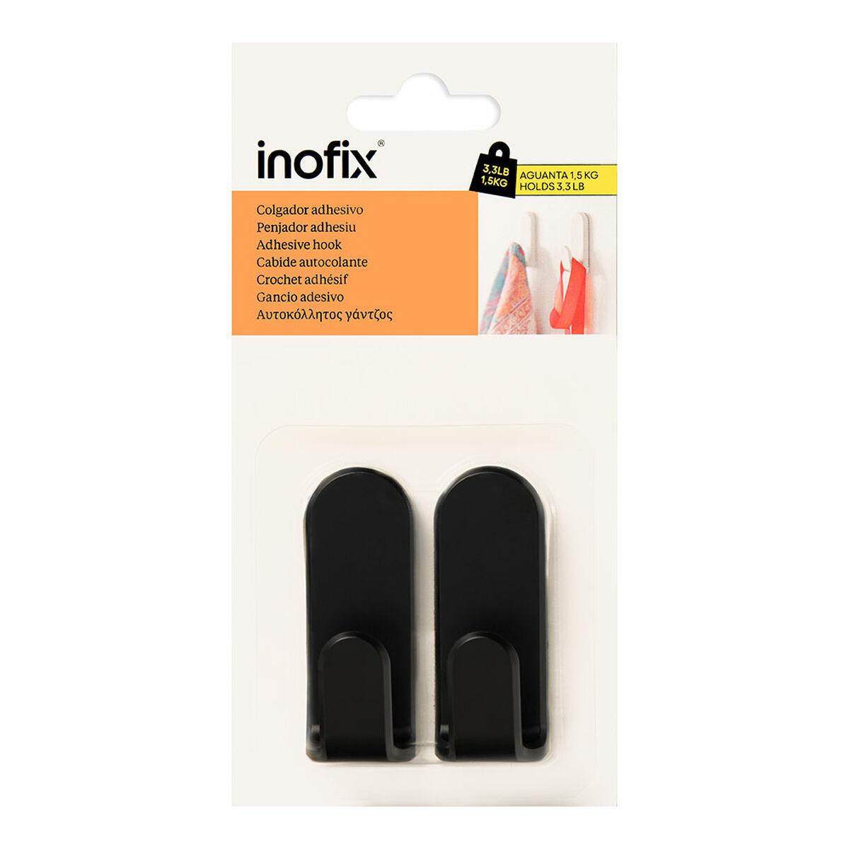 Colgador Inofix taga Negro 1,5 Kg Adhesivo (2 Unidades)
