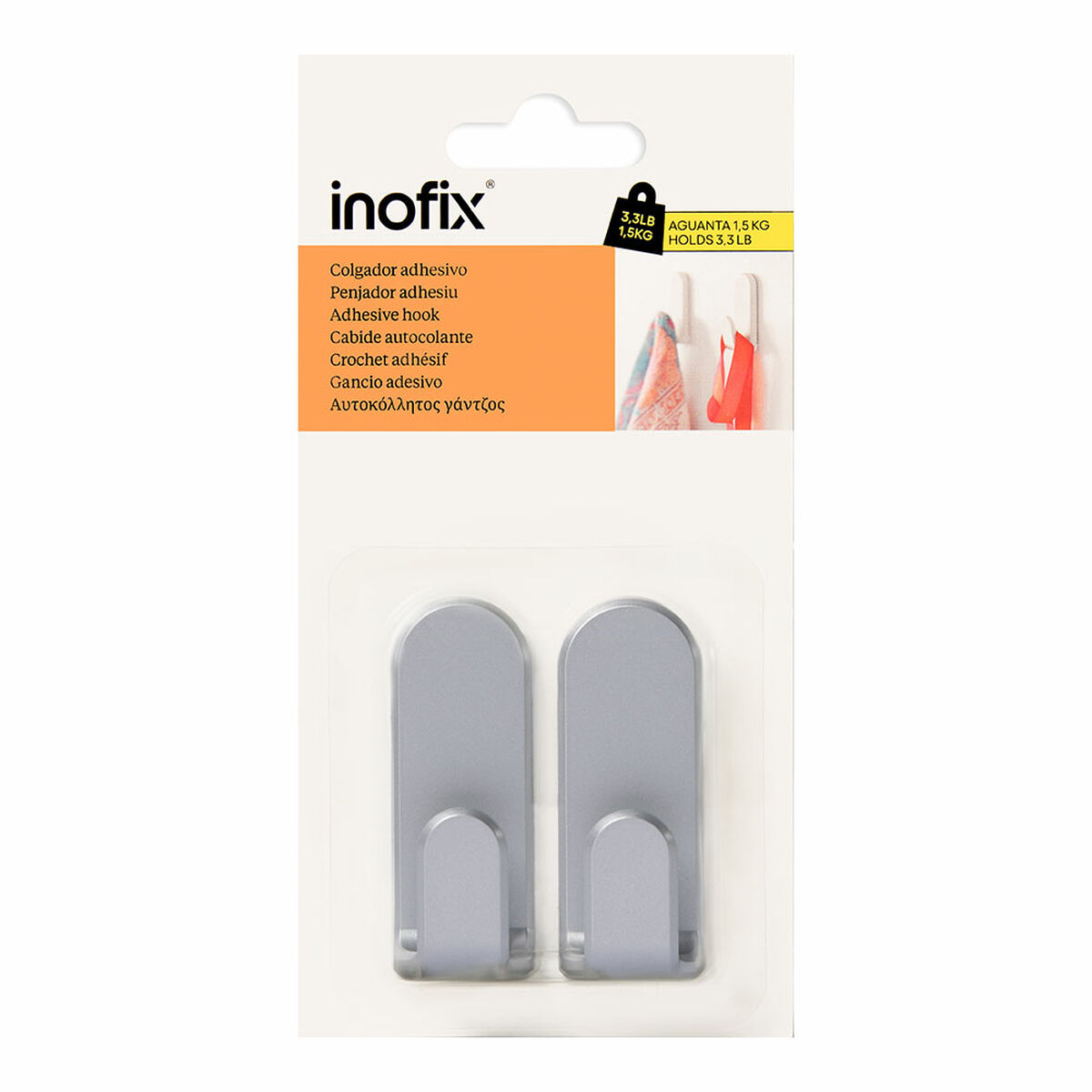Colgador Inofix taga Plateado 1,5 Kg Adhesivo (2 Unidades)