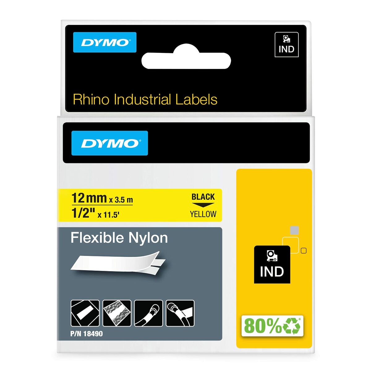 Cinta Laminada Dymo Nylon Flexible IND Multicolor Negro/Amarillo