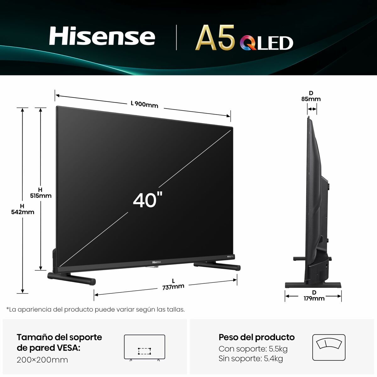 Smart TV Hisense 40A5Q 40" Full HD HDR HDR10 QLED