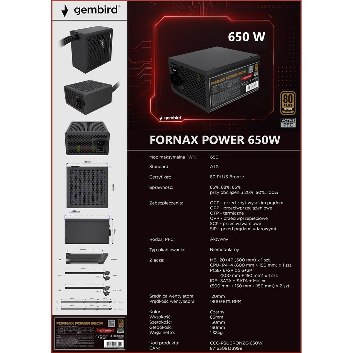 Fuente de Alimentación GEMBIRD CCC-PSUBRONZE-650W