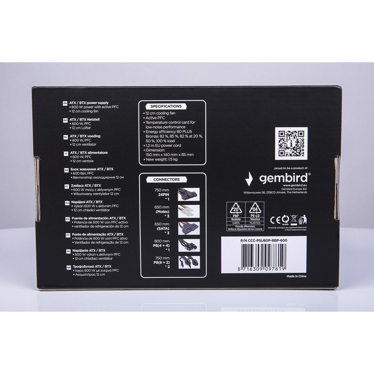 Fuente de Alimentación GEMBIRD CCC-PSU80P-BBP-600 600 W 80 Plus Bronze