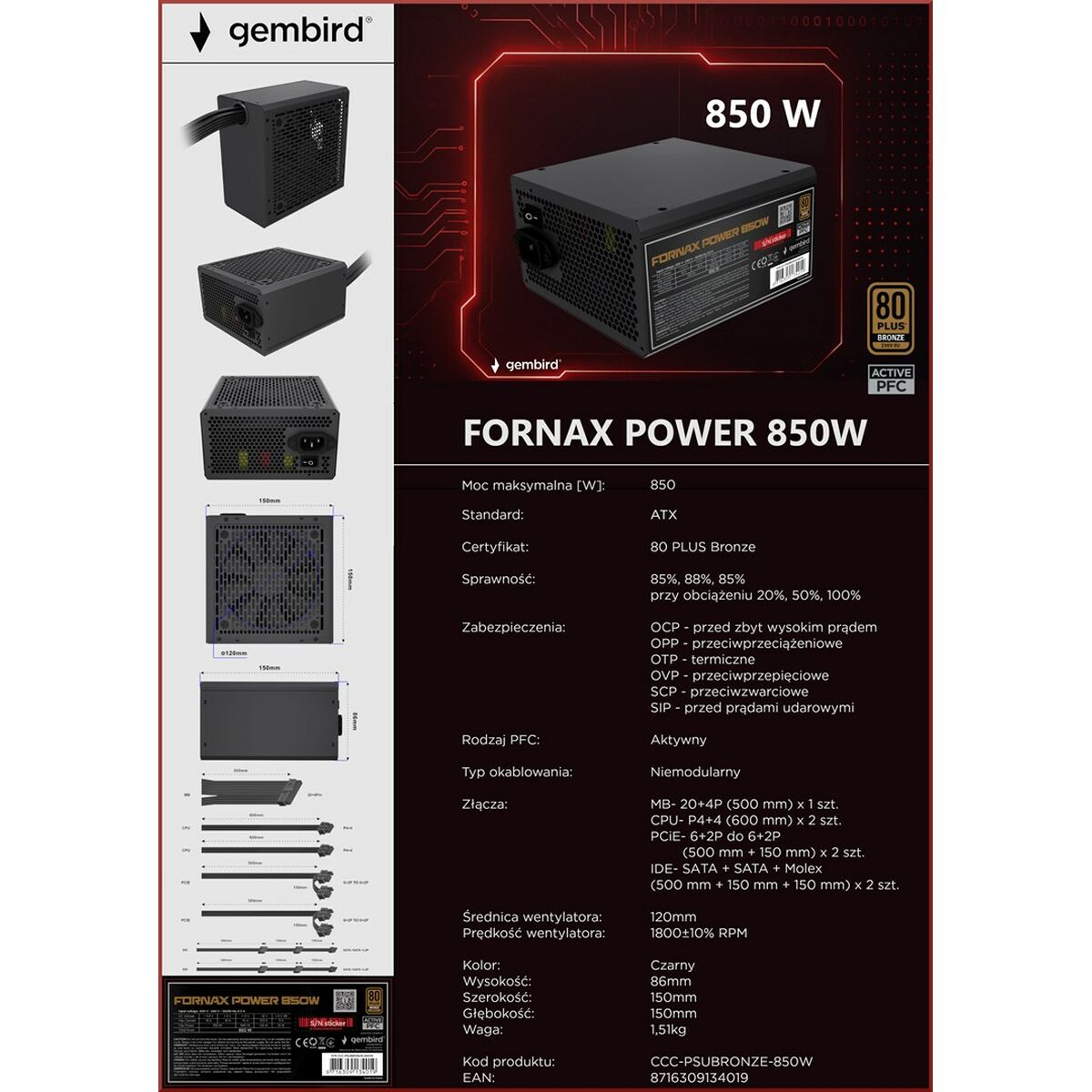 Fuente de Alimentación GEMBIRD CCC-PSUBRONZE-850W