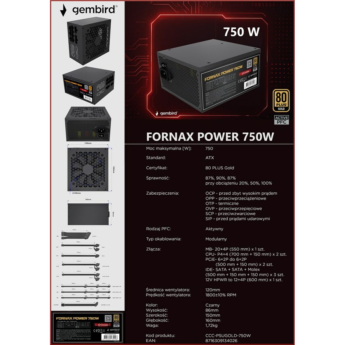 Fuente de Alimentación GEMBIRD CCC-PSUGOLD-750W