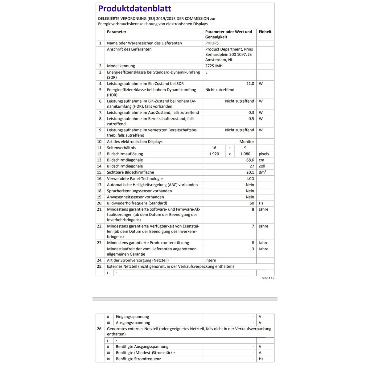 Monitor Gaming Philips 272S1MH/00 27" Full HD