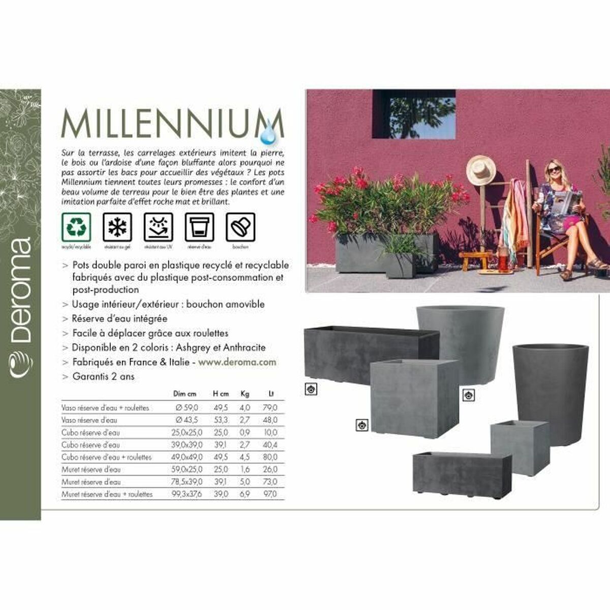 Jardinera Autorriego Deroma Millennium R Gris Plástico Plástico reciclado Rectangular