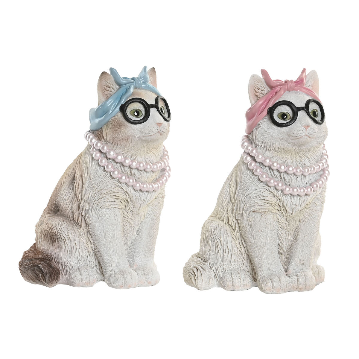 Figura Decorativa Home ESPRIT Azul Blanco Rosa Gato 13,5 X 13 X 19,5 CM (2 Unidades)