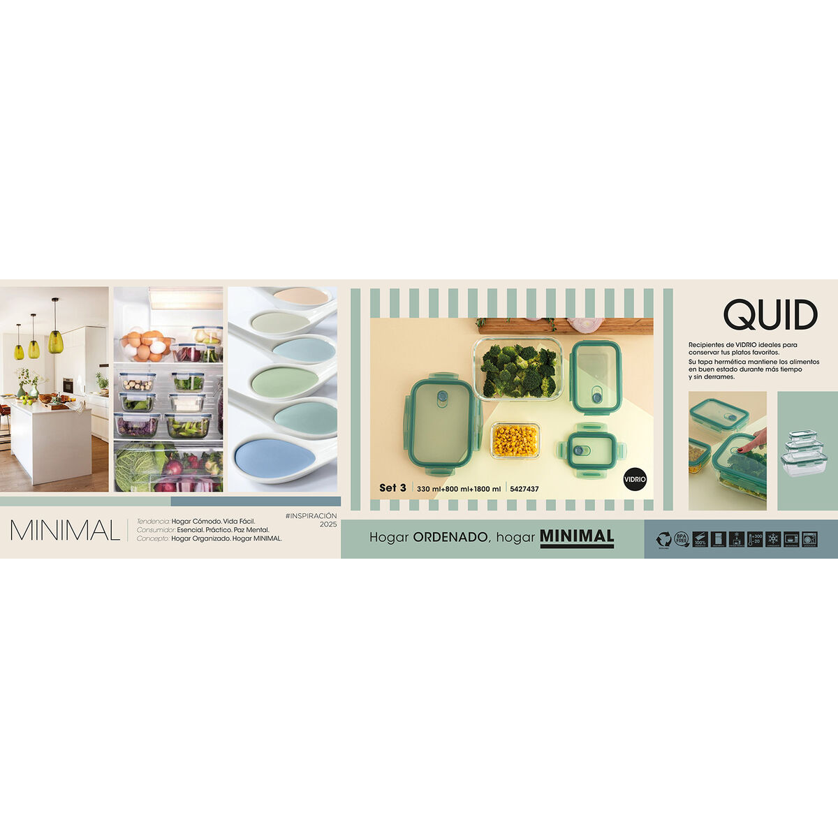 Set de Fiambreras Quid Minimal Verde Vidrio 330 ml 800 ml 1,8 L 3 Piezas