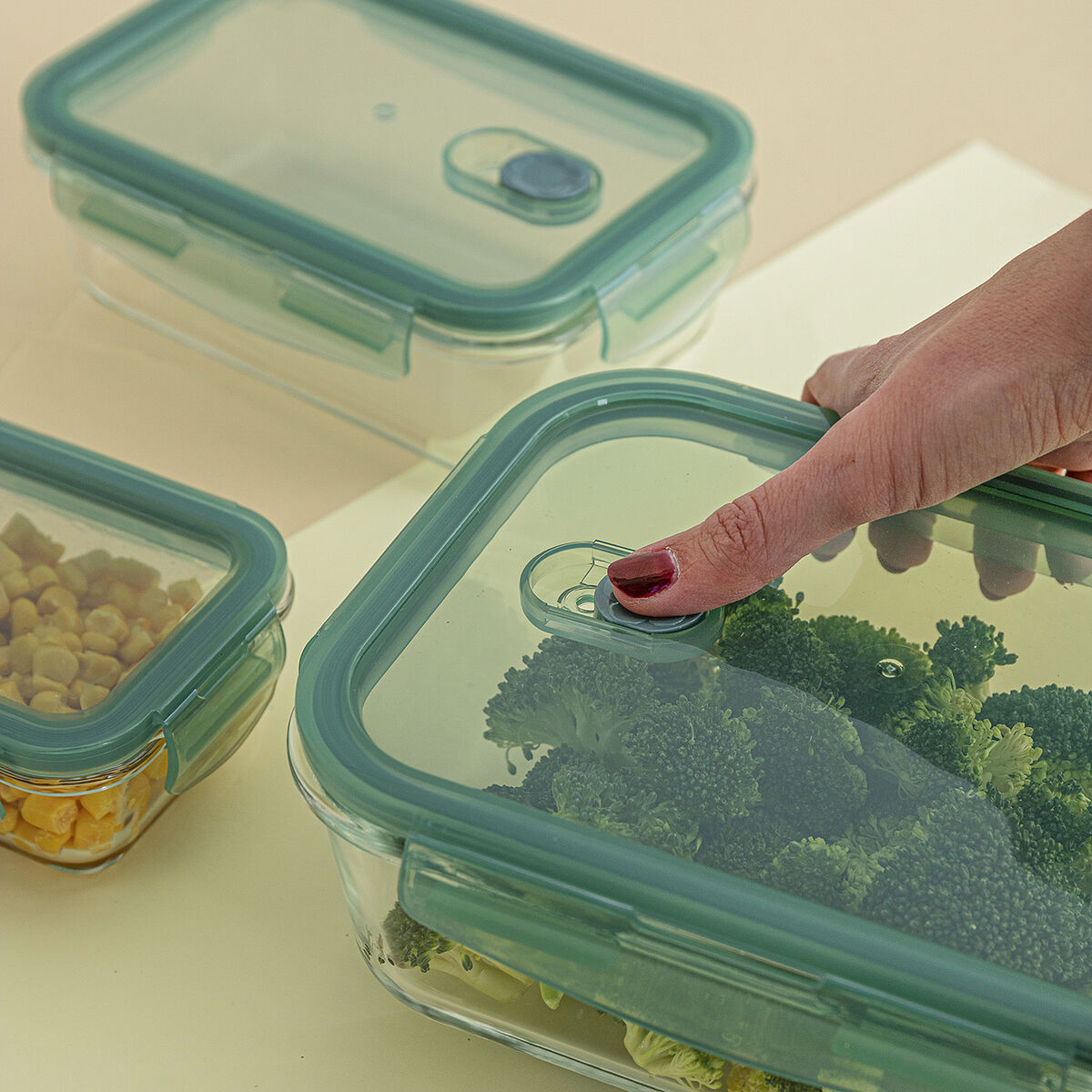 Set de Fiambreras Quid Minimal Verde Vidrio 330 ml 800 ml 1,8 L 3 Piezas