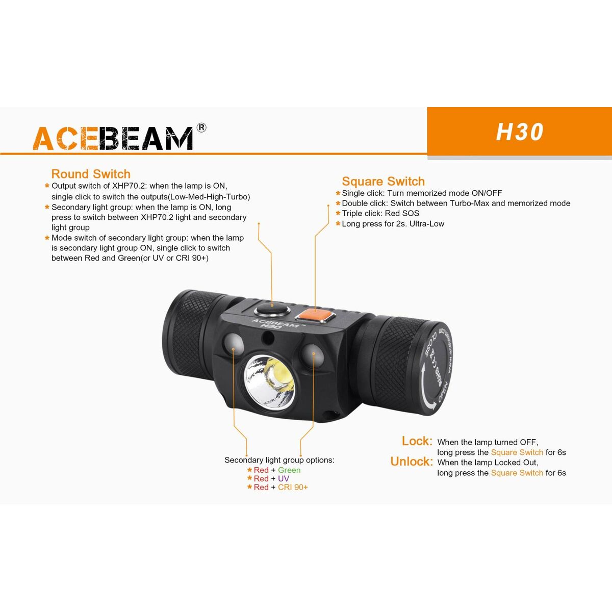 Linterna LED para la Cabeza Acebeam H30 R+CRI 6500K Negro Naranja 4000 Lm