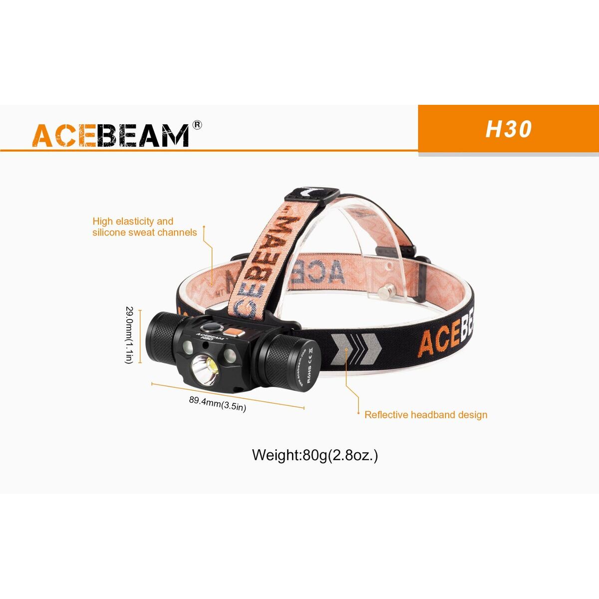 Linterna LED para la Cabeza Acebeam H30 R+CRI 6500K Negro Naranja 4000 Lm