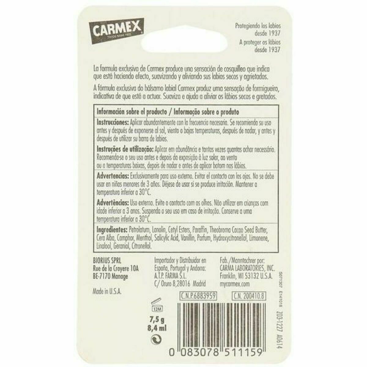 Bálsamo Labial Hidratante Carmex COS 002 BL 8 ml Amarillo