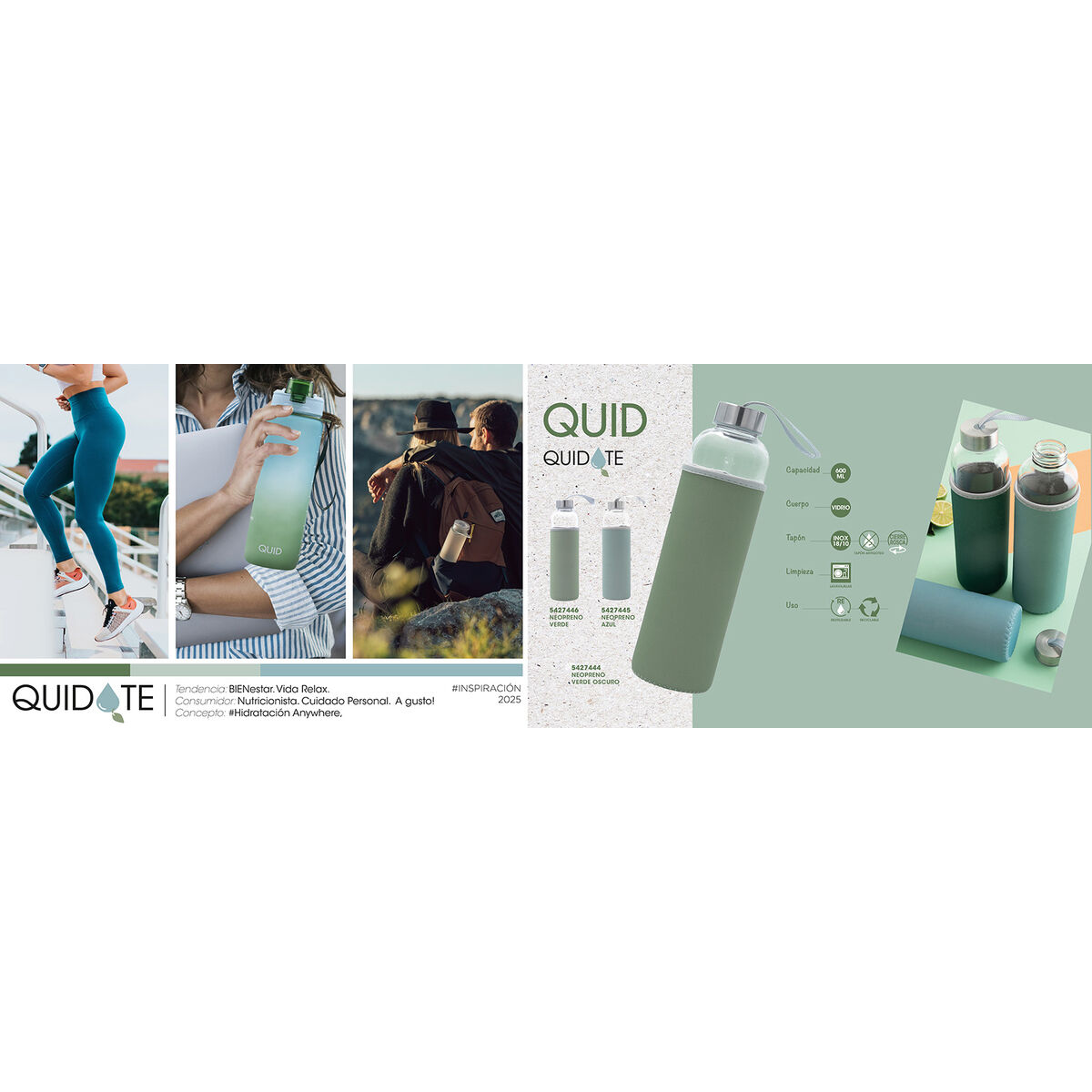 Botella de Agua Quid Quidate Verde Vidrio 600 ml (12 Unidades)