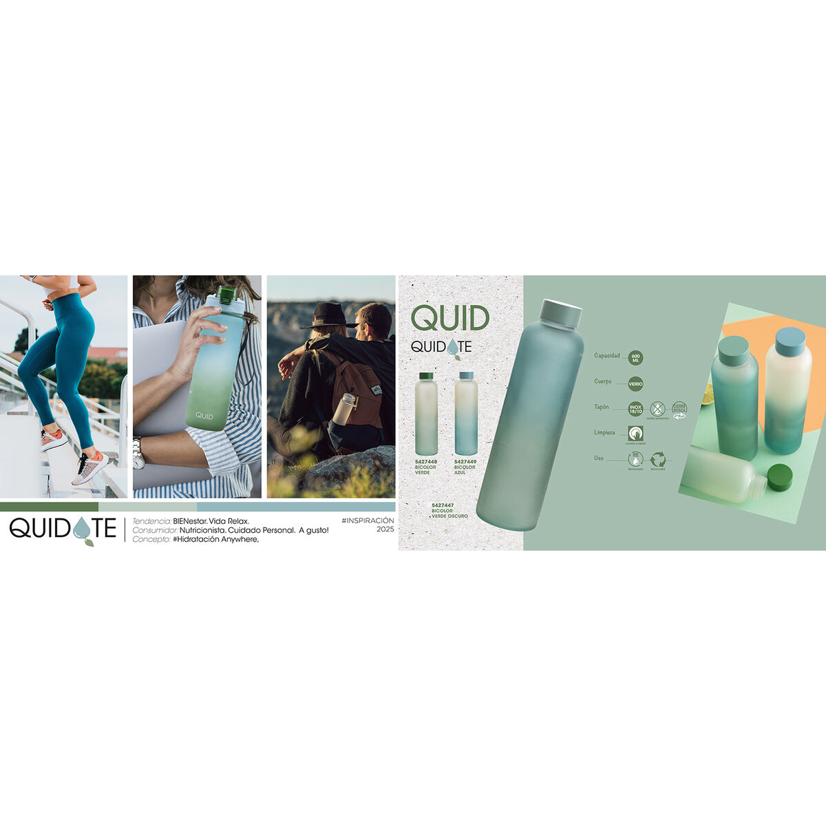 Botella de Agua Quid Quidate Turquesa Vidrio 600 ml (12 Unidades)