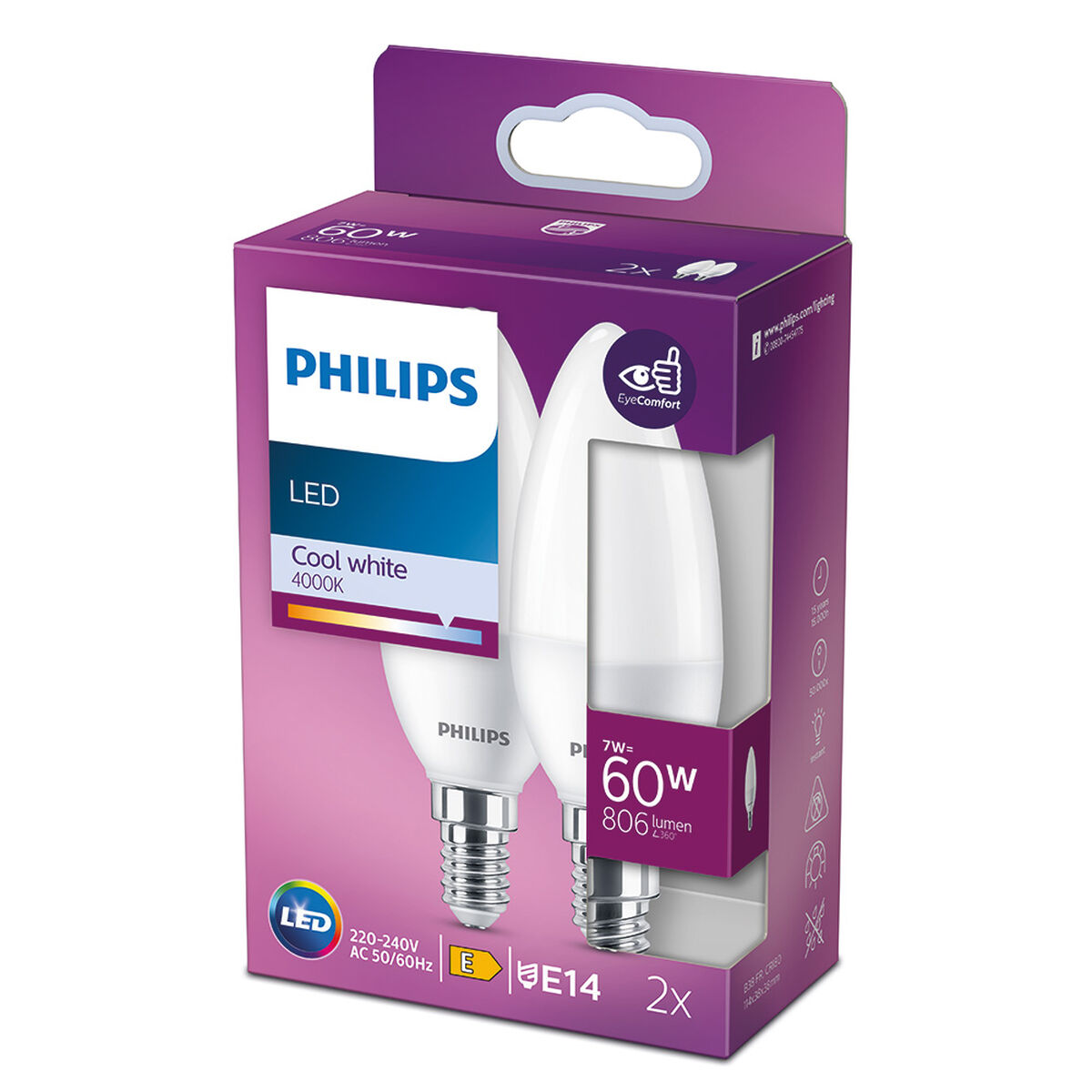 Bombilla Vela Philips E 7 W E14 806 lm Ø 3,8 x 11,4 cm 2 Unidades (4000 K)