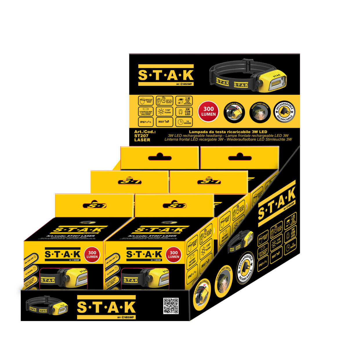 Linterna Frontal LED Recargable y Ajustable Stak 3 W 300 Lm