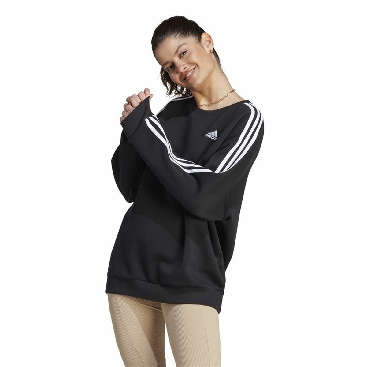 Sudadera sin Capucha Mujer Adidas 3S Fl Os Swt Negro L/XL