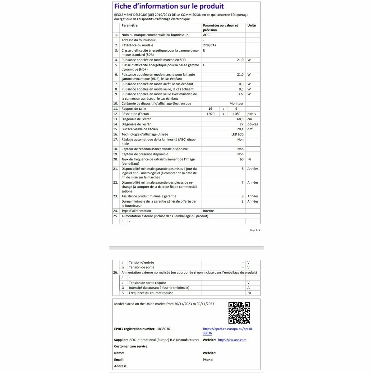 Monitor Gaming AOC 27B3CA2 27" Full HD